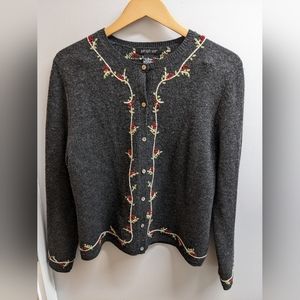 Paraphrase 100% Lambswool Cardigan Sweater Size L Embroidered Floral- Damaged